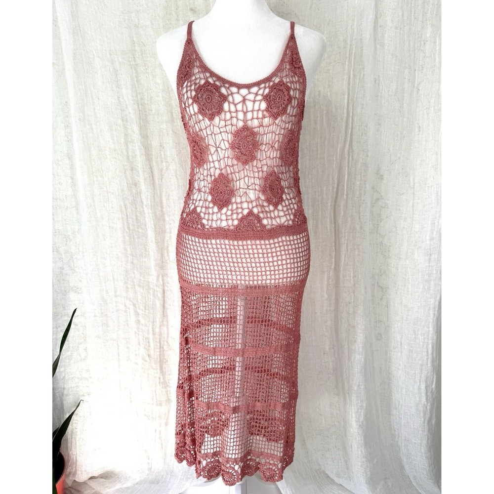 Vtg Sheer Crochet Midi Dress M Boho Fairy Coquette Festival Y2K Indie Layering